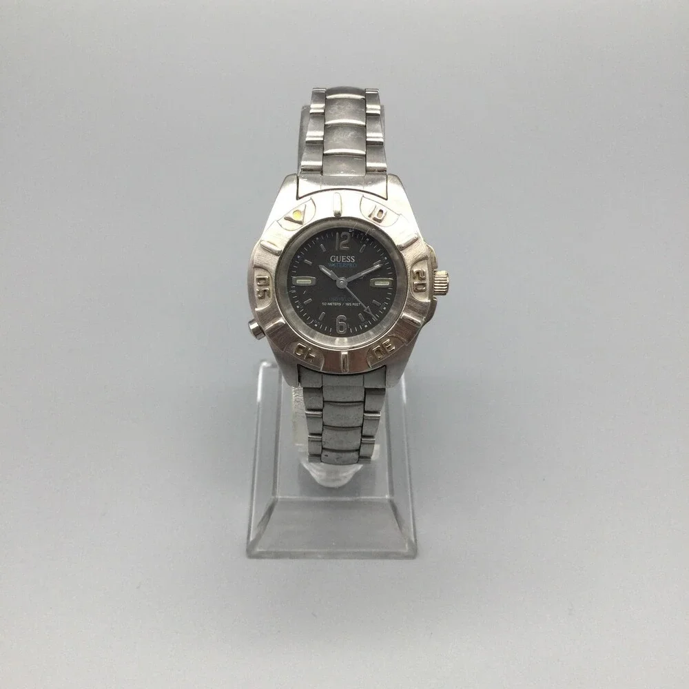 Vintage GUESS Womens Watch 27mm Silver Tone 1995 Black Dial New Battery 7